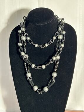 Vintage 28" 3 Tier Box Chain & Metal Bead Statement Necklace Layered Collar